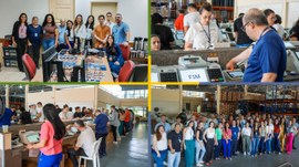 Montagem com quatro fotos de uma equipe da Justiça Eleitoral em ambiente de trabalho. Nas imagen...