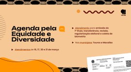Arte promocional retangular em fundo bege com elementos geométricos pretos e ondulados laranja. ...
