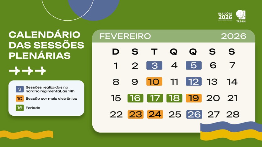 Card com o calendário das sessões plenárias de fevereiro de 2026. A cor predominante é verde. Há...