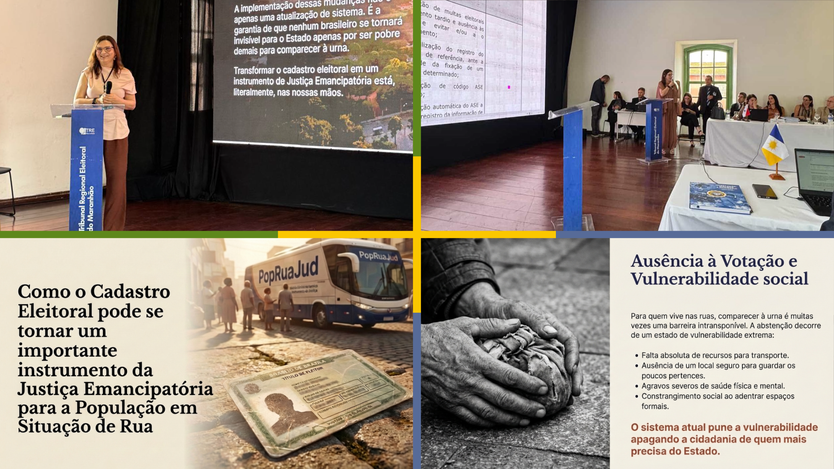 A imagem apresenta uma composição de quatro fotografias que documentam a defesa de políticas de ...