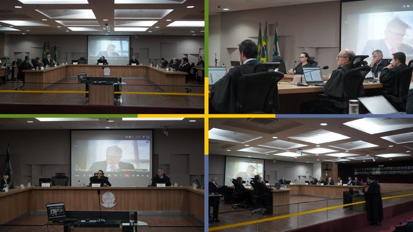 A imagem é uma composição de quatro fotografias que mostram diferentes ângulos de uma sessão de ...