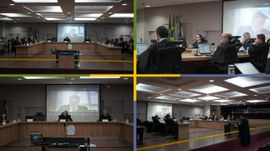 A imagem é uma composição de quatro fotografias que mostram diferentes ângulos de uma sessão de ...