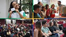 Imagem composta por quatro fotos. No canto superior esquerdo, uma adolescente sorri enquanto seg...