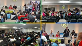 Montagem com quatro fotos que registram a 3ª edição do projeto Tech Solidário, promovido pelo LA...