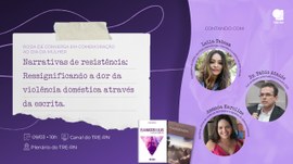 #PraTodosVerem: O card possui um fundo roxo vibrante decorado com linhas brancas fluidas que atr...