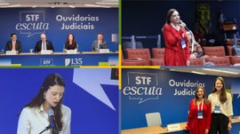 Montagem com quatro fotos de um evento do STF sobre ouvidorias judiciais. Em duas imagens, uma m...