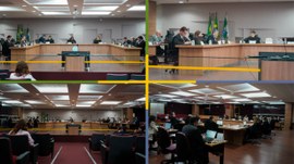 Colagem em formato 2x2 de quatro fotos de sessões judiciais em tribunais brasileiros, com mesas ...