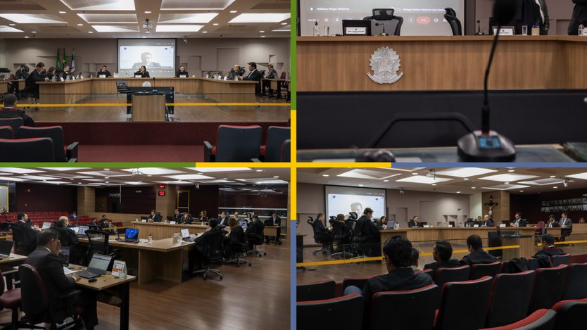 4 fotos em ângulos diferentes do mesmo local, o Plenário do TRE-RN. Os juízes, membros do Pleno,...