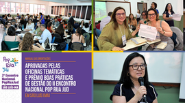 A imagem é uma colagem dividida em quatro partes que registram a participação em um encontro ins...