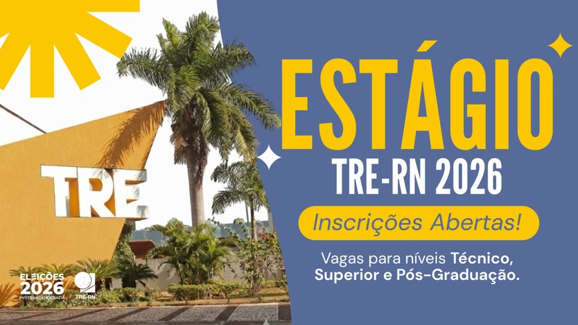 Imagem promocional de vaga de estágio no TRE-RN 2026, em design horizontal com fundo azul-claro ...