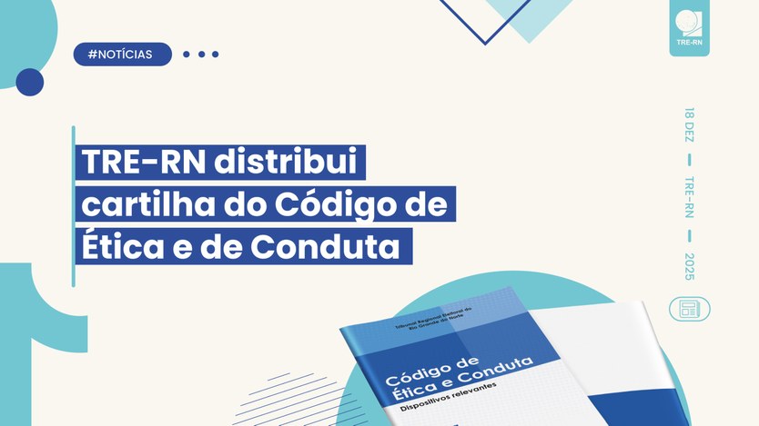 Imagem gráfica institucional do TRE-RN. Em fundo claro, há elementos geométricos em tons de azul...