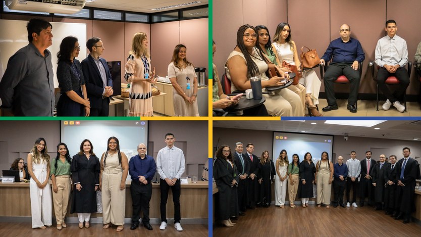 Montagem com quatro fotos distribuídas em duas linhas.
Foto superior esquerda: um grupo de cinc...