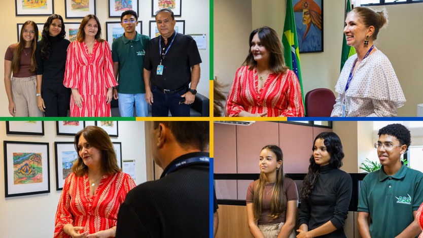 Montagem com quatro fotos registrando a visita de jovens aprendizes ao gabinete da Presidência d...