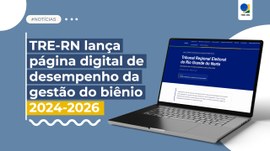 A imagem é um card informativo do TRE-RN, com fundo azul e elementos gráficos brancos e amarelos...