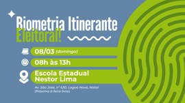 Imagem promocional da Biometria Itinerante Eleitoral do TRE-RN, em design retangular com fundo a...