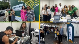 A foto é um mosaico com quatro cenas, feitas em ambientes internos e externos, mostrando uma equ...