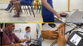 A foto é um mosaico com quatro cenas de um mesmo ambiente interno, iluminado por luz artificial,...