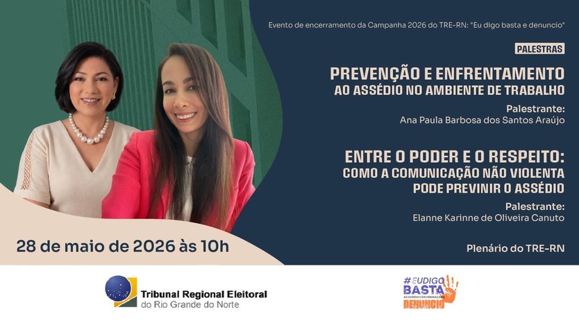 #Acessibilidade #ParaTodosVerem | Card institucional do TRE-RN em tons de azul, verde e bege div...