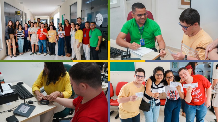 No canto superior esquerdo, há um grupo de cerca de 20 pessoas posando em um corredor claro, com...