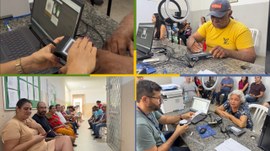 Foto em montagem 2x2 da Biometria Itinerante Eleitoral do TRE-RN na Escola Nestor Lima.
Superio...