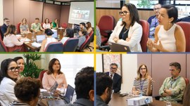 Montagem em colagem de nove fotos da reunião sobre biometria no Tribunal Regional Eleitoral do R...