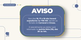Arte com fundo branco e elementos em azul. Ao centro a mensagem: "AVISO - Nos dias 16, 17 e 18 n...