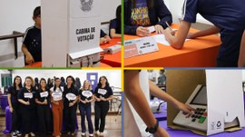 A imagem é uma montagem dividida em quatro cenas de um ambiente de votação ou simulação de votaç...