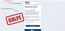 A imagem mostra um alerta sobre golpe, com a tela de um site falso que imita um serviço do Tribu...