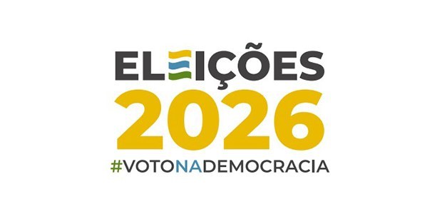Identidade visual oficial das Eleições 2026 sobre um fundo inteiramente branco. A composição est...