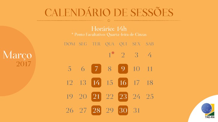 Confira calendário das sessões de março do TRE-RN Confira calendário das sessões de março do TRE-RN