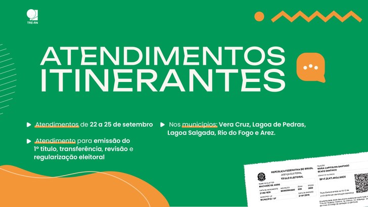 Mais um ciclo dos Atendimentos Itinerantes do TRE-RN entre os dias 22 a 25 de setembro Os atendimentos ocorrerão nos municípios de Vera Cruz, Lagoa de Pedras, Lagoa Salgada, Rio do Fo...