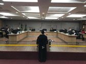 Juízes do Tribunal Regional Eleitoral em julgamento no plenário de ação de investigação judicial...