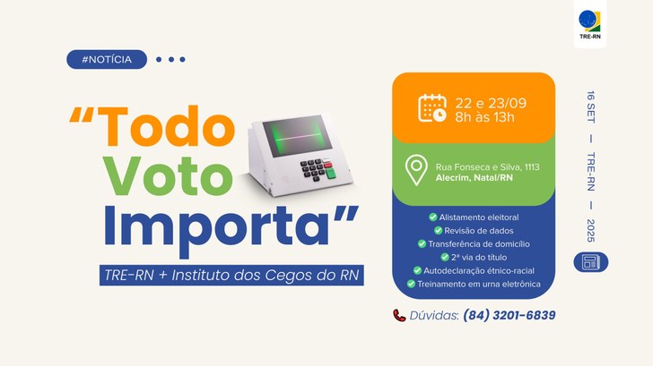 TRE-RN realizará ação do projeto “Todo Voto Importa” em parceria com o Instituto dos Cegos do RN Serão realizados serviços eleitorais para o público-alvo nos dias 22 e 23/09, na sede do Instituto