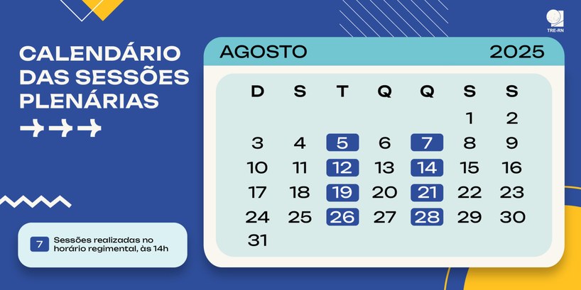 TRE‑RN divulga calendário de sessões plenárias para agosto O calendário já está disponível no site do TRE-RN